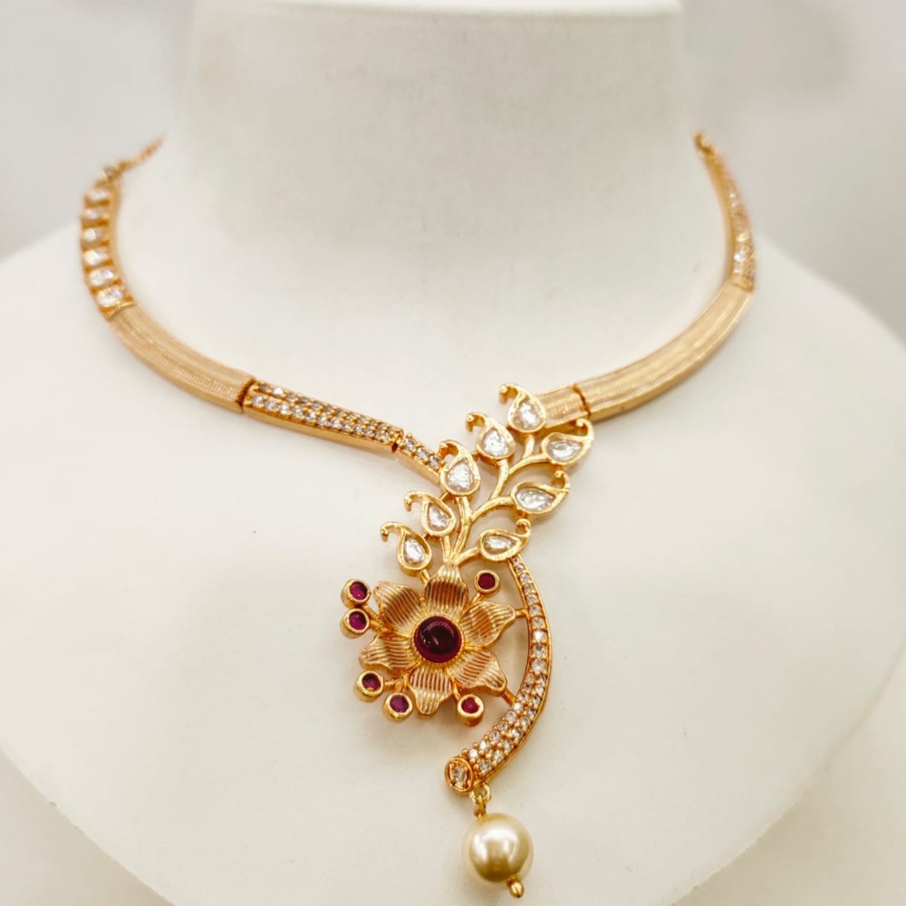 Fancy Gold tone Flower Design & Diamond Necklace set with Ruby stone 1420