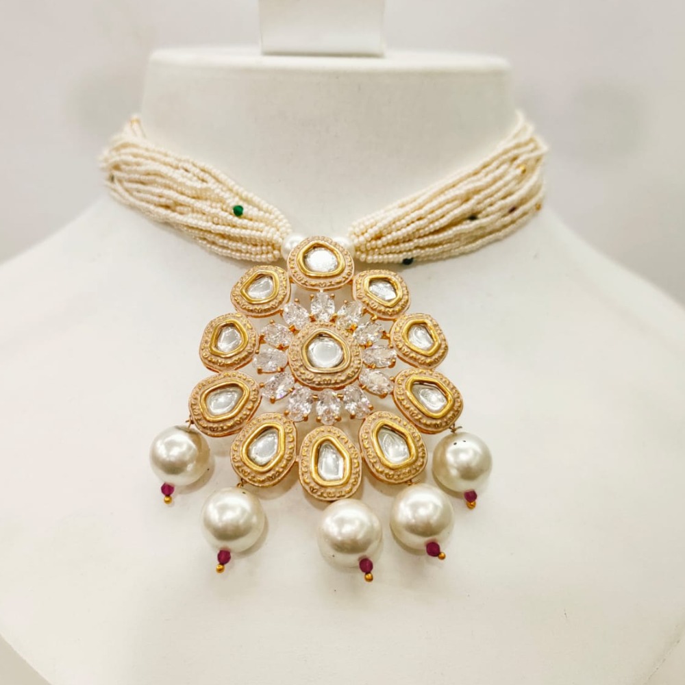 Gold tone stone & Moti string Necklace set with Haging Bead 1419