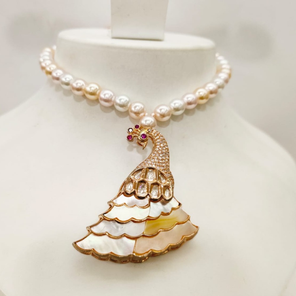 Fancy Rose Gold tone Peacock shape pendant with Pearl string Necklace set 1418