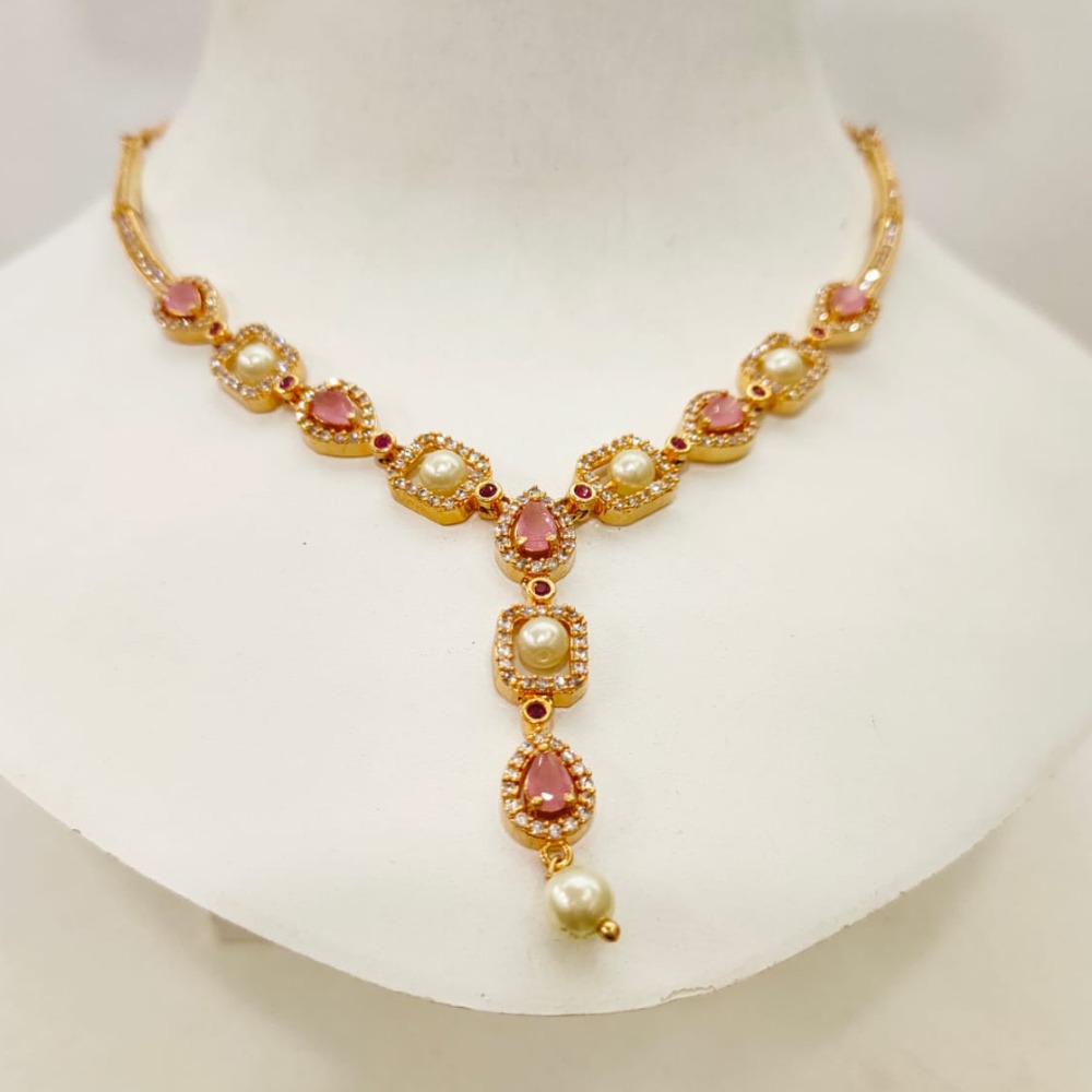 Fancy Gold tone Pearl & Diamond Design Necklace set with Pink stone 1417