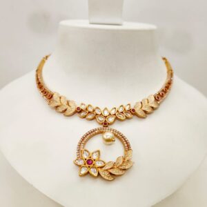 Fancy Gold Tone Flower Design Kundan & Diamond Necklace Set 1416