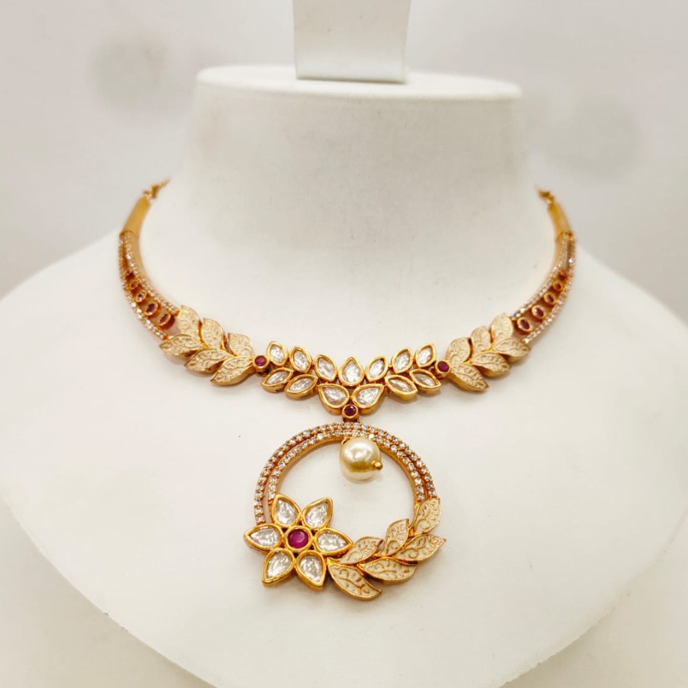 Fancy Gold Tone Flower Design Kundan & Diamond Necklace Set 1416