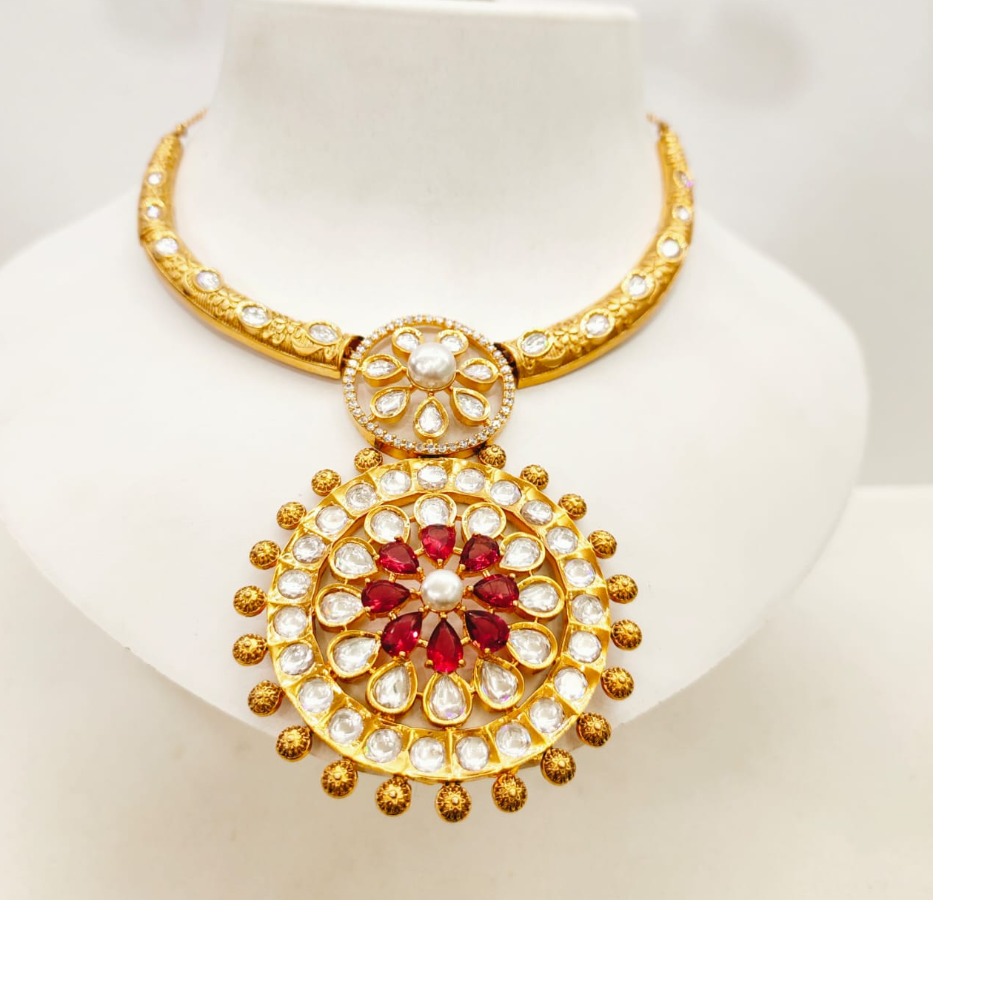 Round choker kundan work with ruby and emerald necklace set 1489