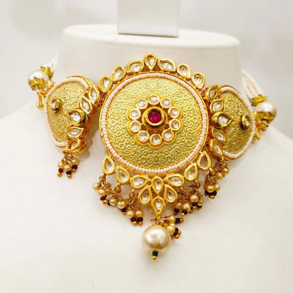 Rounded design with choker kundan work with hanging moti necklace set 1487