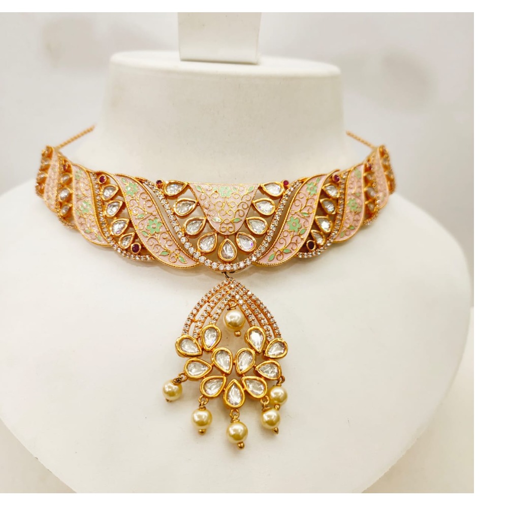 Antique choker with kundan work & hanging moti necklace set 1485