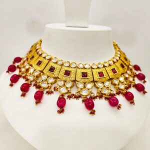 Hangin ruby choker kundan work with squear necklace set 1483