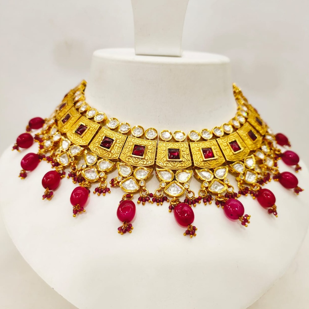 Hangin ruby choker kundan work with squear necklace set 1483