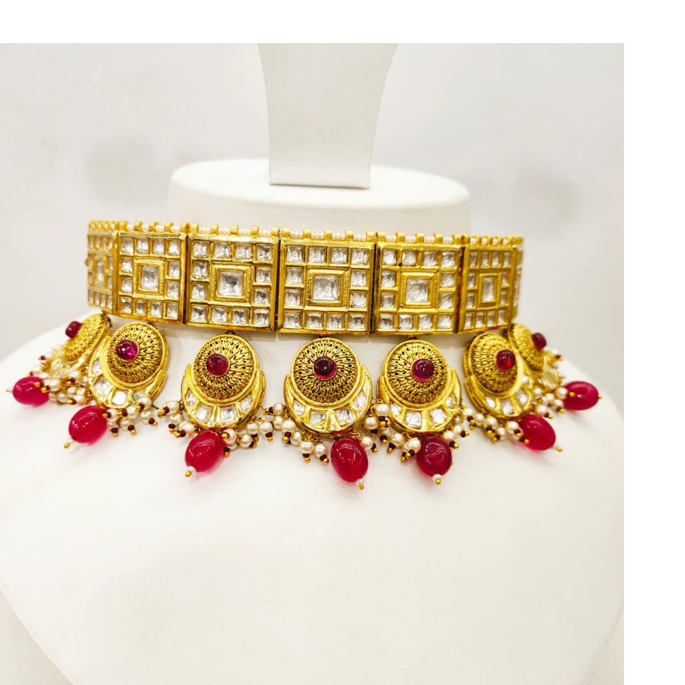 Hanging ruby full choker gold plated with square shape necklace set 1480