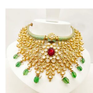 Antique gold plated with hanging emerald stone and choker kundan set 1477