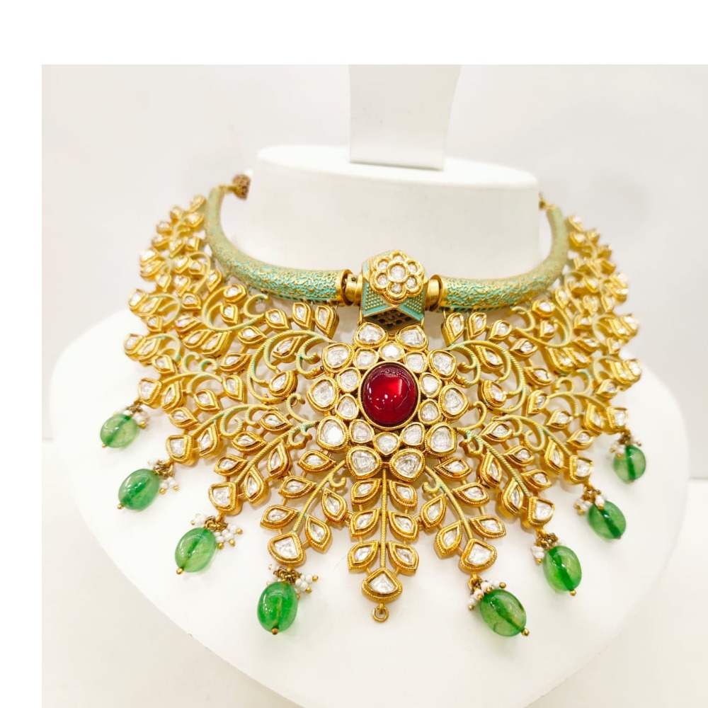 Antique gold plated with hanging emerald stone and choker kundan set 1477
