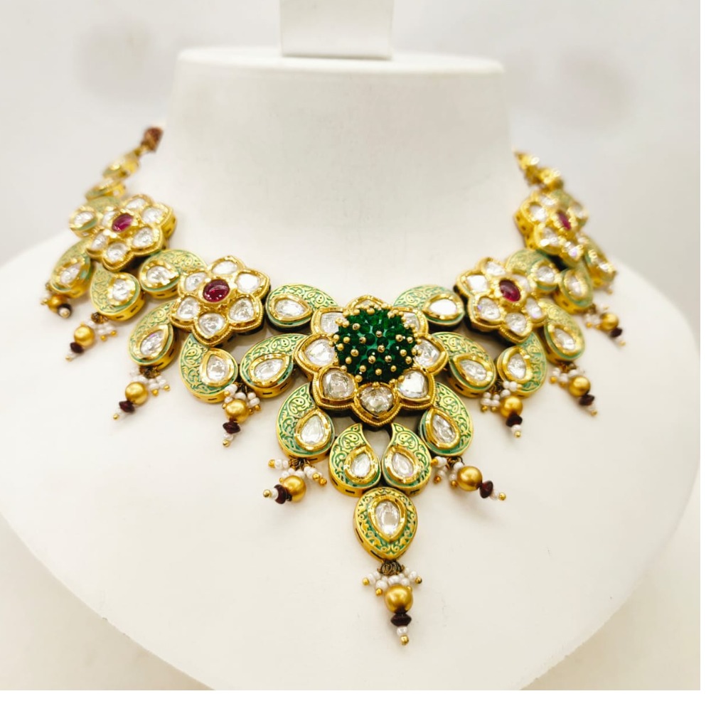 Antique design with kundan and choker emerald flower design necklace set 1472