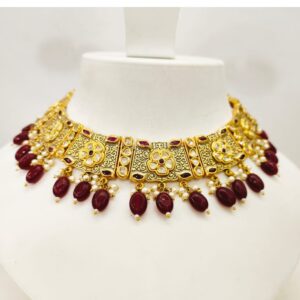 Gold plated with hanging ruby choker flower style design necklace set 1470