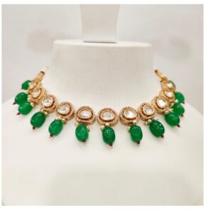 Antique kundan choker with hanging emerald stone necklace set 1464