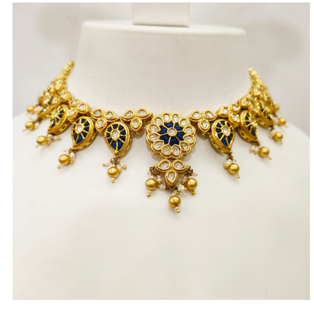 Blue stone middle work and gold moti with choker kundan set 1462