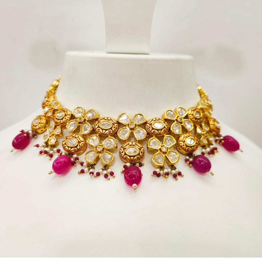 Antique choker kundan with hanging ruby stone necklace set 1461
