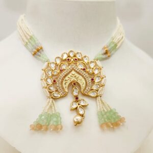 Choker white and sky blue beads antique with hanging moti necklace set 1460