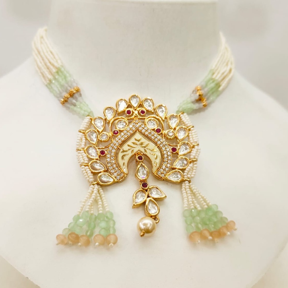 Choker white and sky blue beads antique with hanging moti necklace set 1460