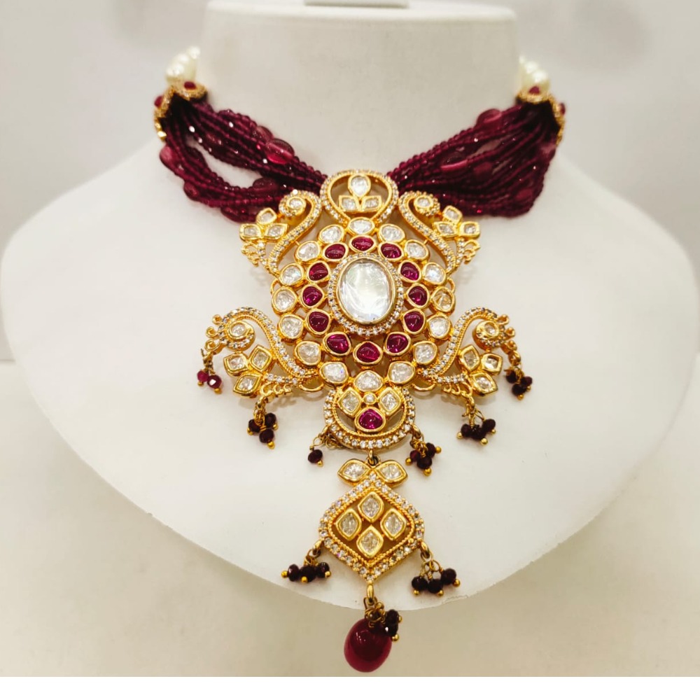 Antique special new design choker gold plated ruby mala and stone necklace set 1458