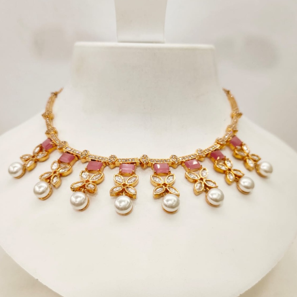 Hanging kundan with squere pink stone choker necklace set 1456