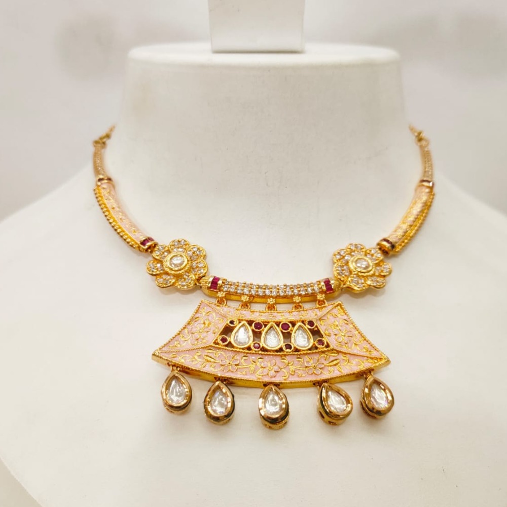 Gold plated flower design choker with polki work set 1455