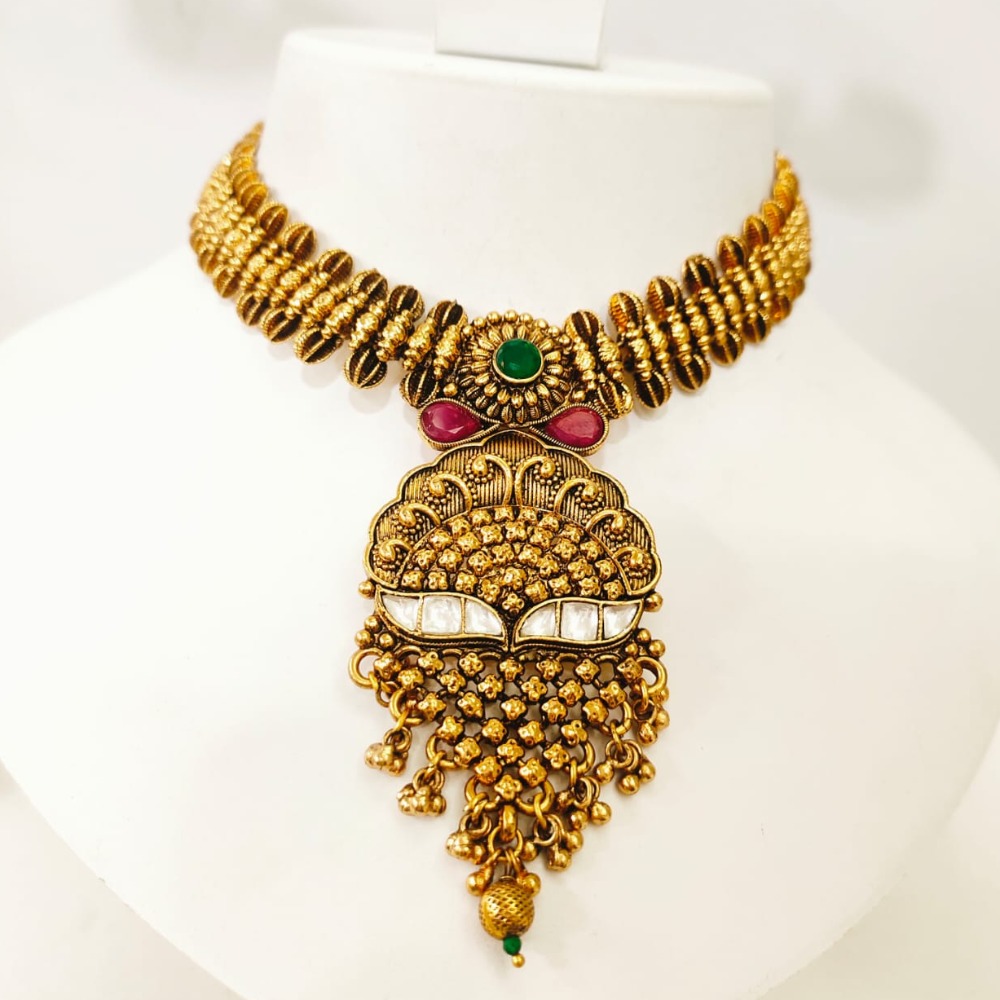 Gold plated with choker emerald and ruby stone necklace set 1450
