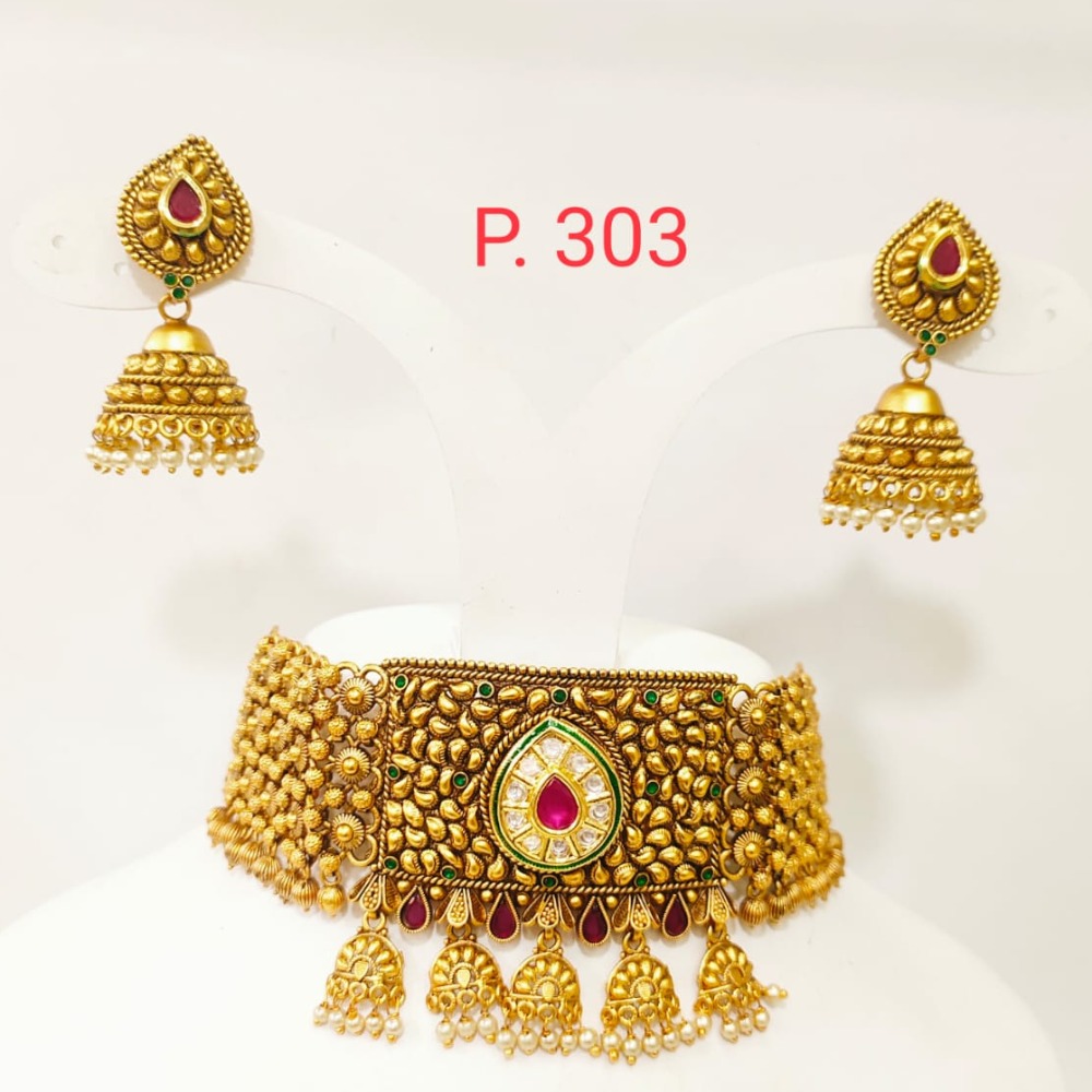Full choker with antique kundan work ruby and emerald and ruby stone necklace set 1397 - Image 3