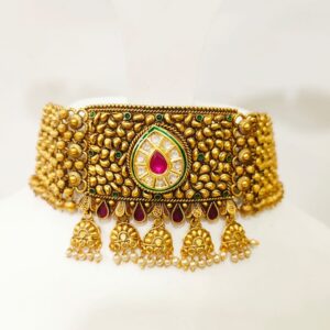 Full choker with antique kundan work ruby and emerald and ruby stone necklace set 1397