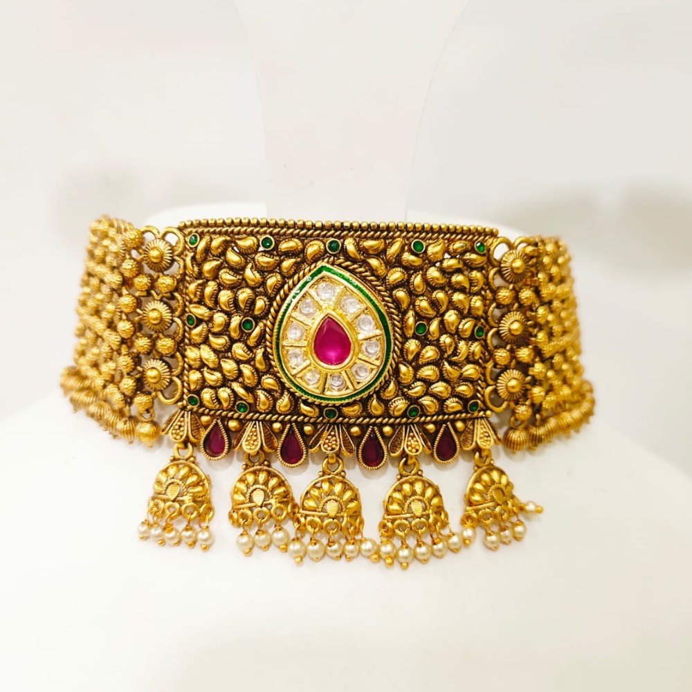 Full choker with antique kundan work ruby and emerald and ruby stone necklace set 1397