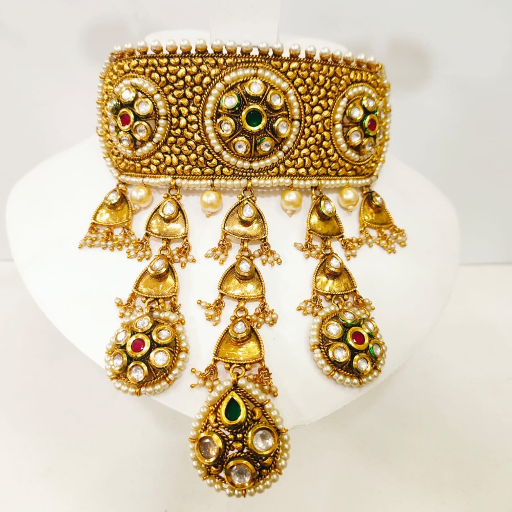 Full choker with antique hanging design kundan work ruby and emerald and ruby stone necklace set 1396