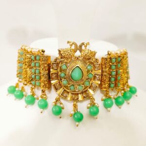 full choker with peacock style design with sky blue hanging set 1394