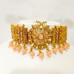 full choker with peacock style design with pink hanging set 1393