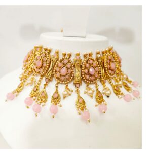 Antique choker with pink stone and gold plated hand made necklace set 1391