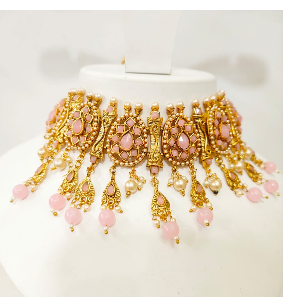 Antique choker with pink stone and gold plated hand made necklace set 1391