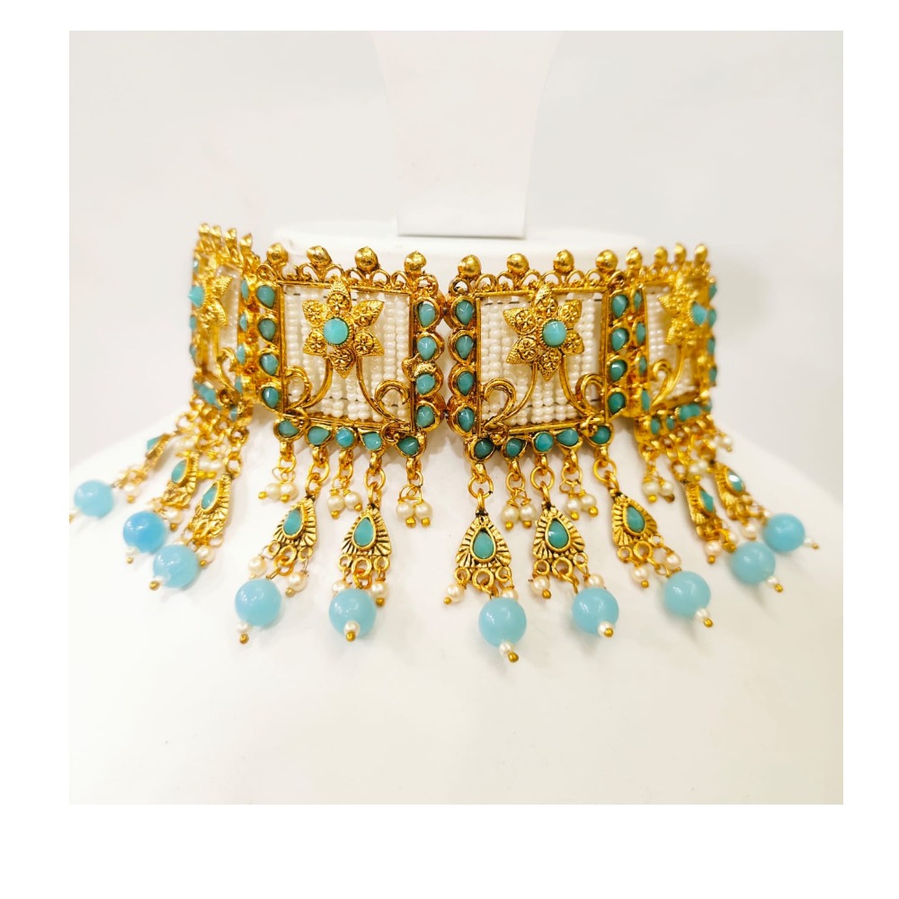 Antique Design with full choker and ksy blue hanging and white moti set 1389