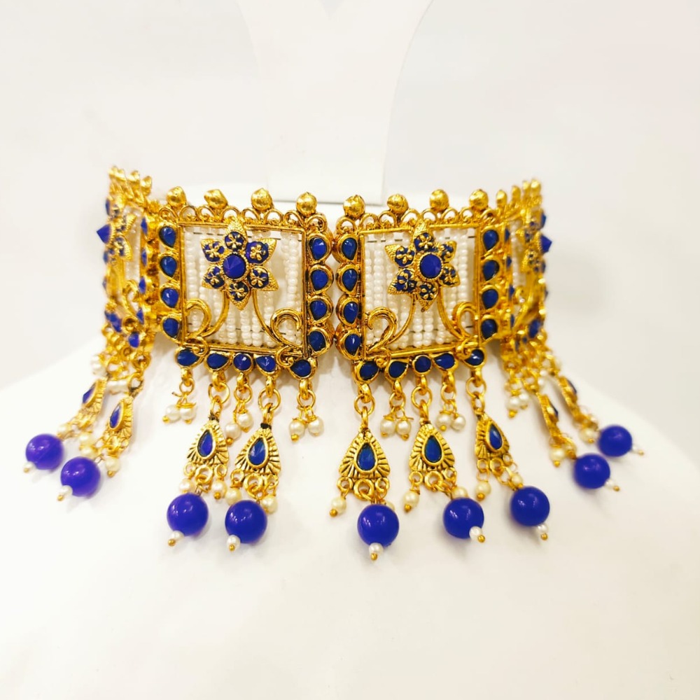 Antique desing with full choker and blue hanging and white moti set 1387