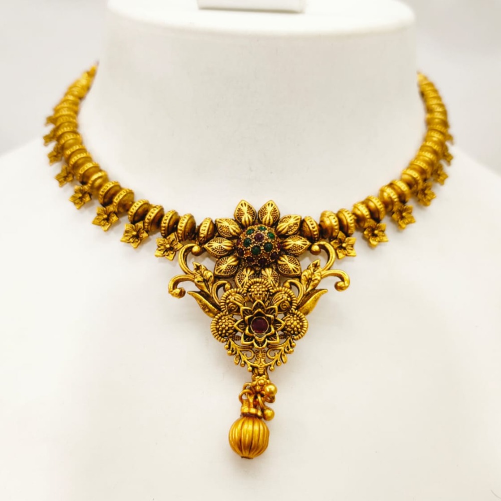 Antique Gold polish Flower work Design mini choker set 1358 - Image 2