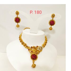 Gold Plated Flower Design choker style Necklace set with Red(ruby) & white stone 1357