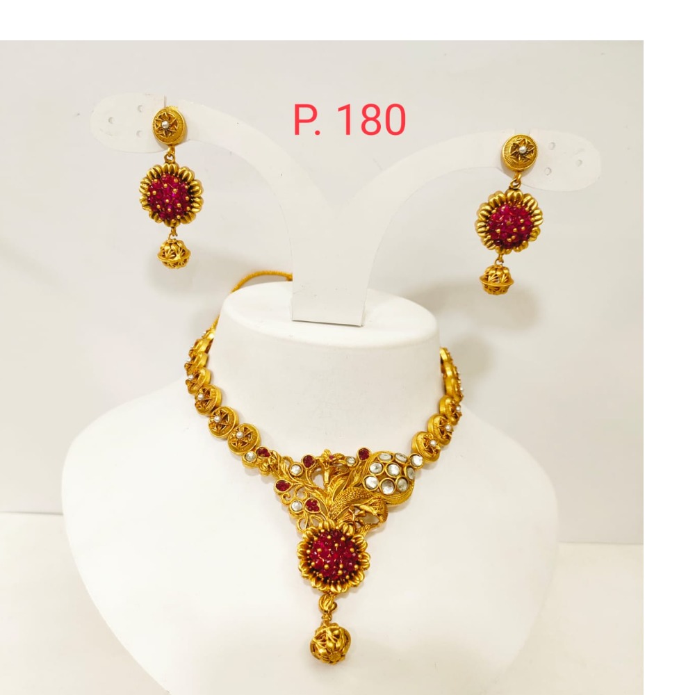Gold Plated Flower Design choker style Necklace set with Red(ruby) & white stone 1357