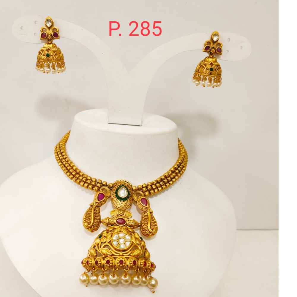 Antique Gold Polish Beads &  Jhumka style pendant Choker style Necklace set 1356