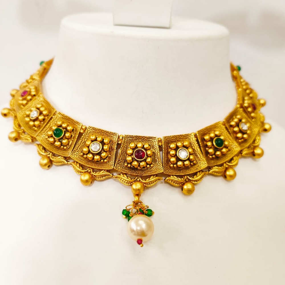 Antique Square Shape Gold plated choker set with Bead design 1355 - Image 2