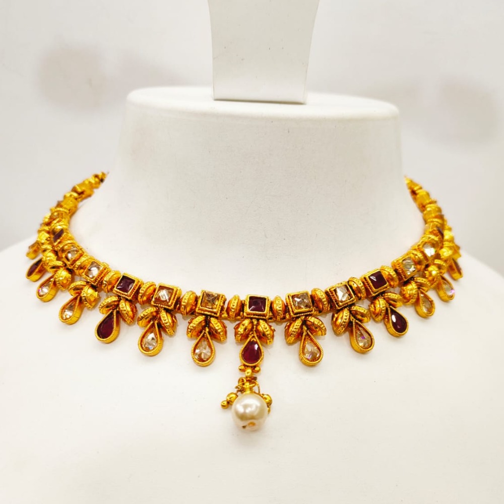 Square Shape Traditional Gold Plated kundan work mini Choker Set 1354 - Image 2
