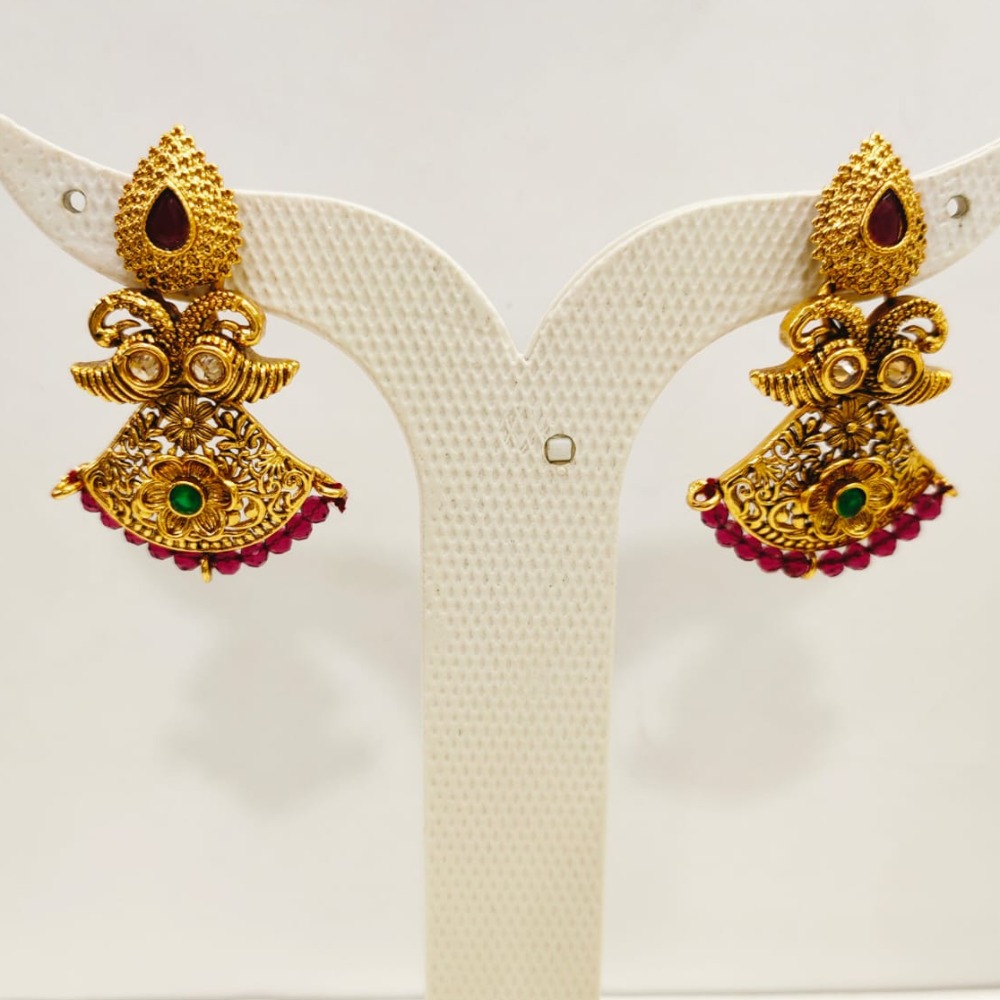Traditional Gold Plated Choker Style Necklace Set with Red Green stone 1353 - Image 3