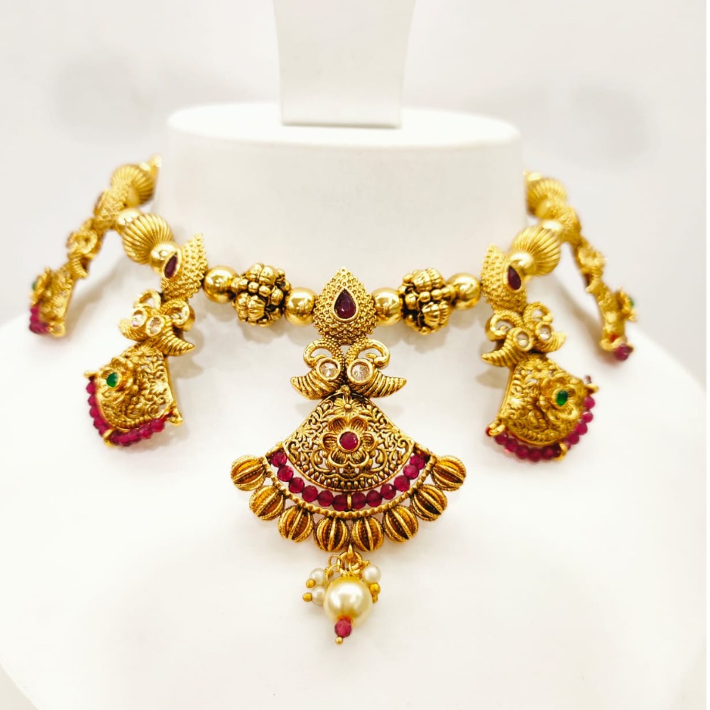 Traditional Gold Plated Choker Style Necklace Set with Red Green stone 1353 - Image 2