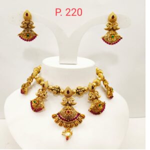 Traditional Gold Plated Choker Style Necklace Set with Red Green stone 1353