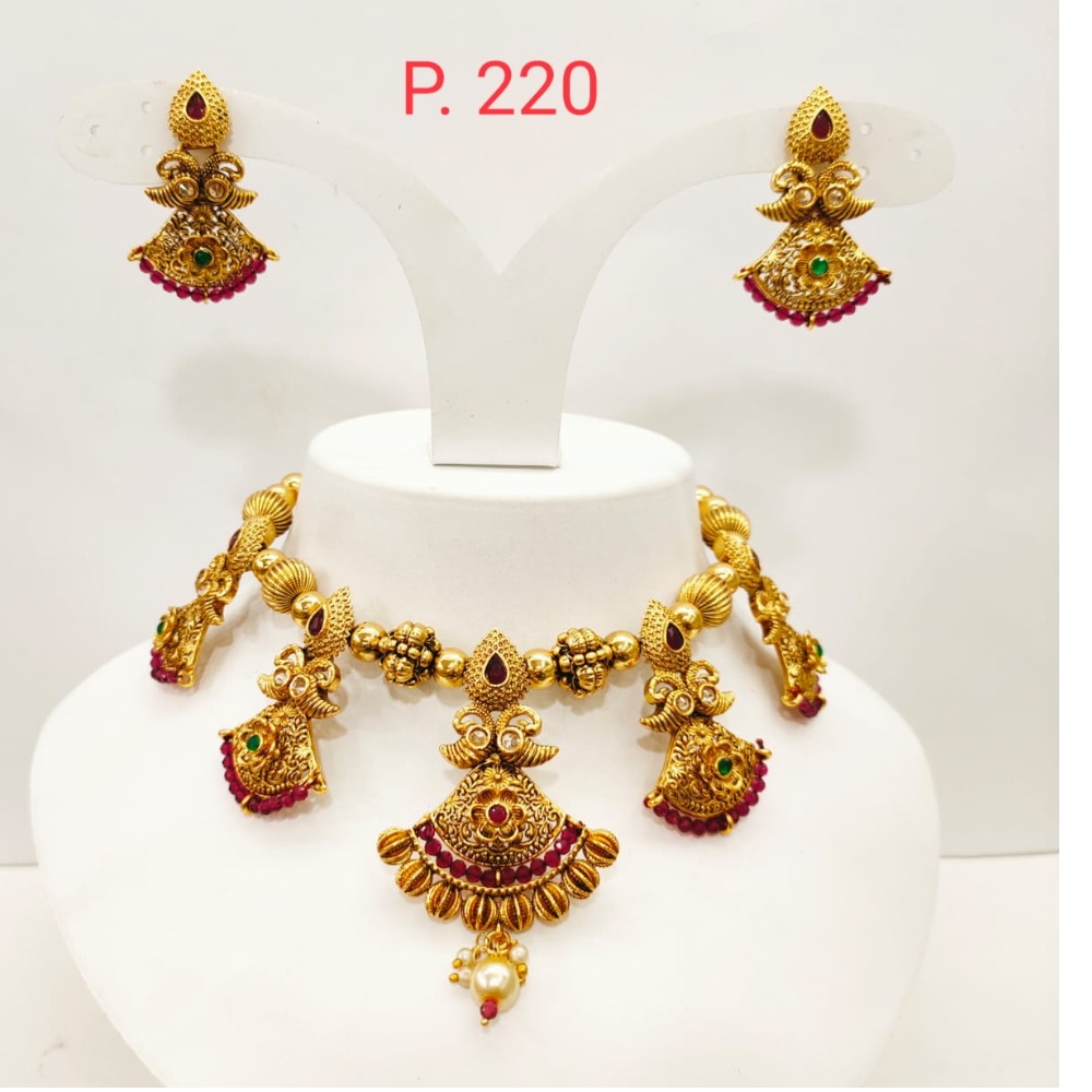 Traditional Gold Plated Choker Style Necklace Set with Red Green stone 1353