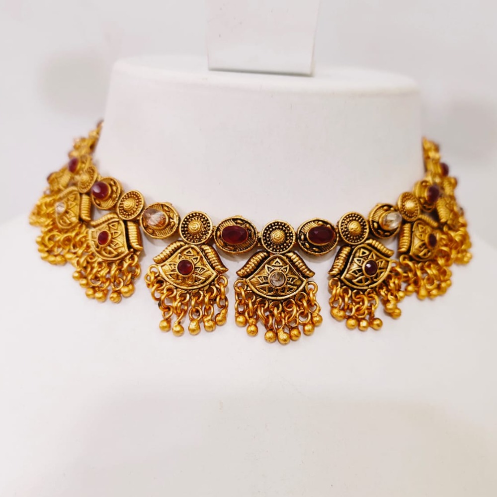 Choker gold plated with ruby stone necklace set 1377 - Image 2