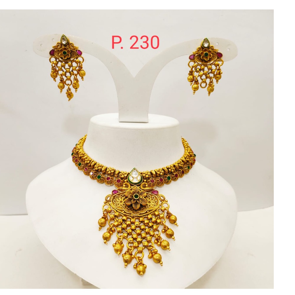 Antique Gold polish hanging Bead & Flower work choker set with pink & Green stone 1350