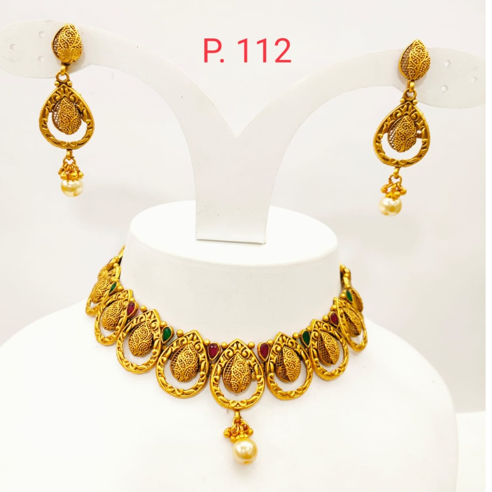 Antique gold polish choker set with red & green stone 1349
