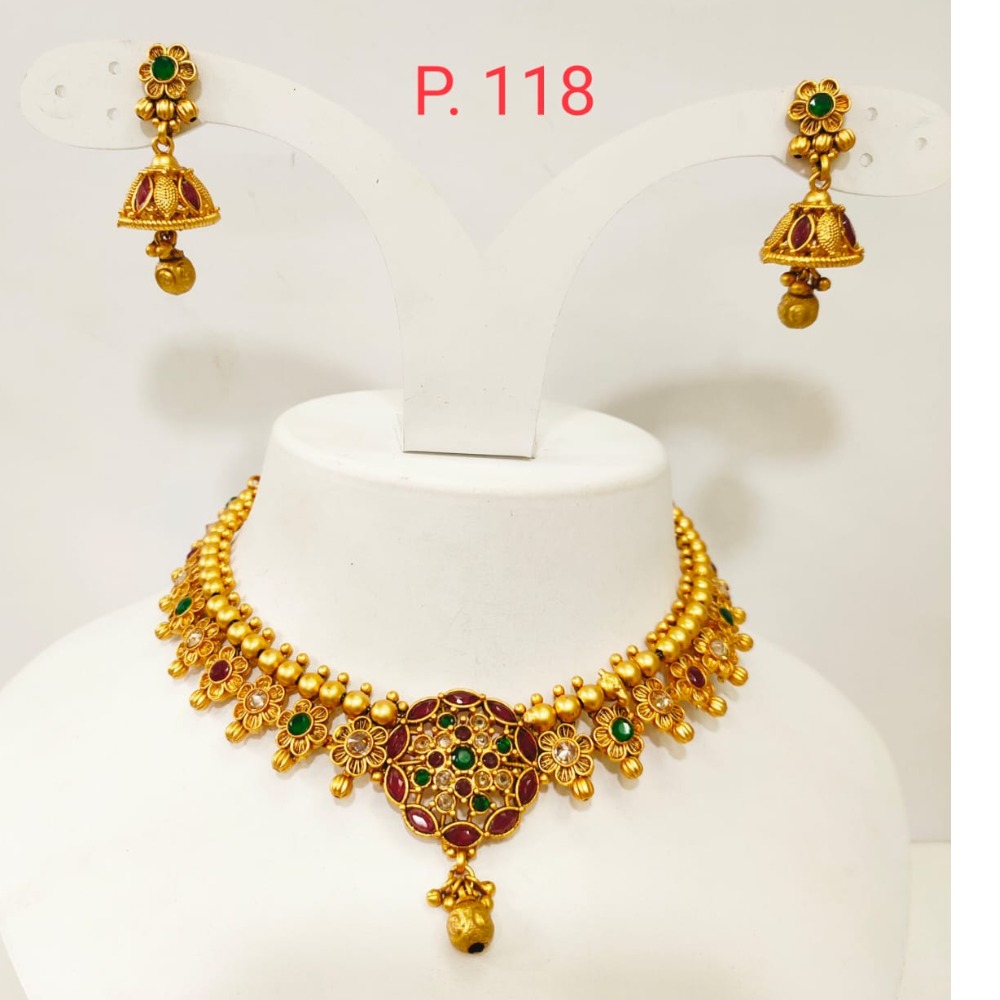 Gold plated Bead & Flower Design Choker Necklace set with Red & green stone 1348