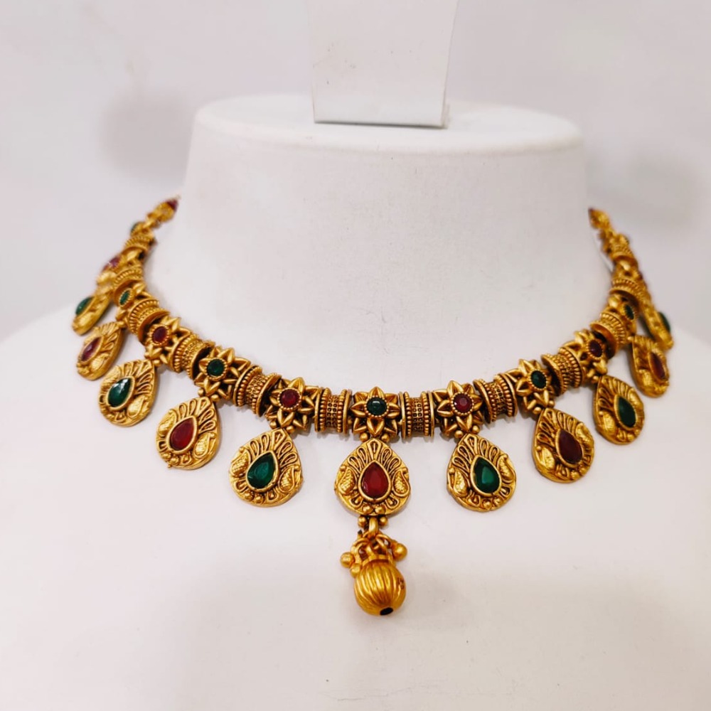 Choker with emerald and ruby stone with hanging gold moti necklace set 1345 - Image 2